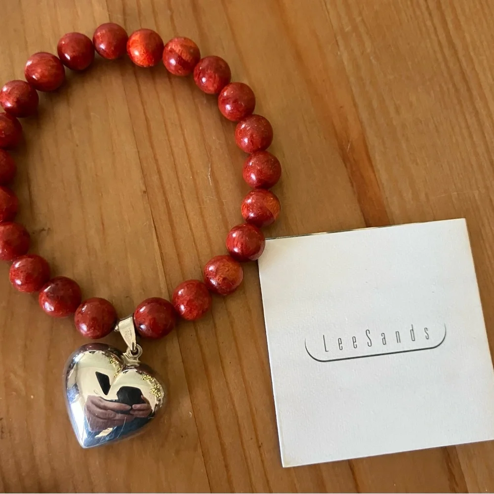 NEW Lee Sands Vintage Sterling Silver Heart Red Beaded Necklace and Bracelet Set
